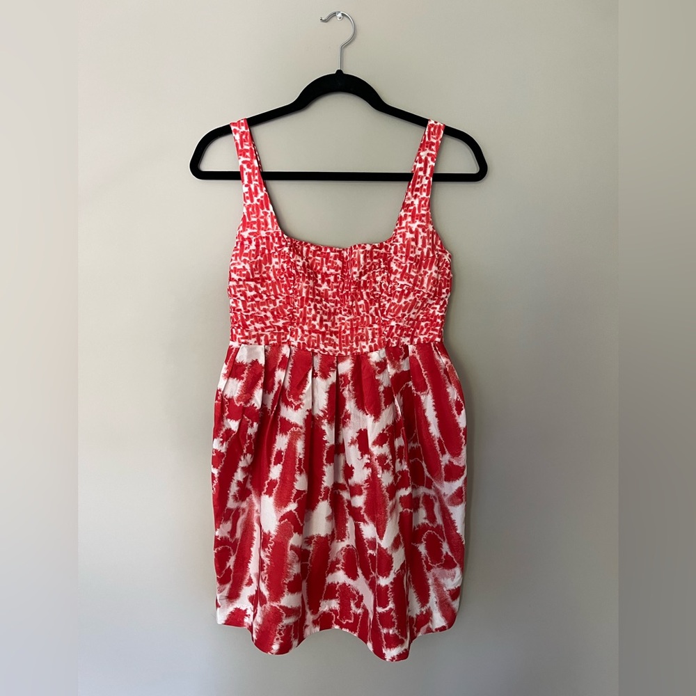 Red and white print silk babydoll dress